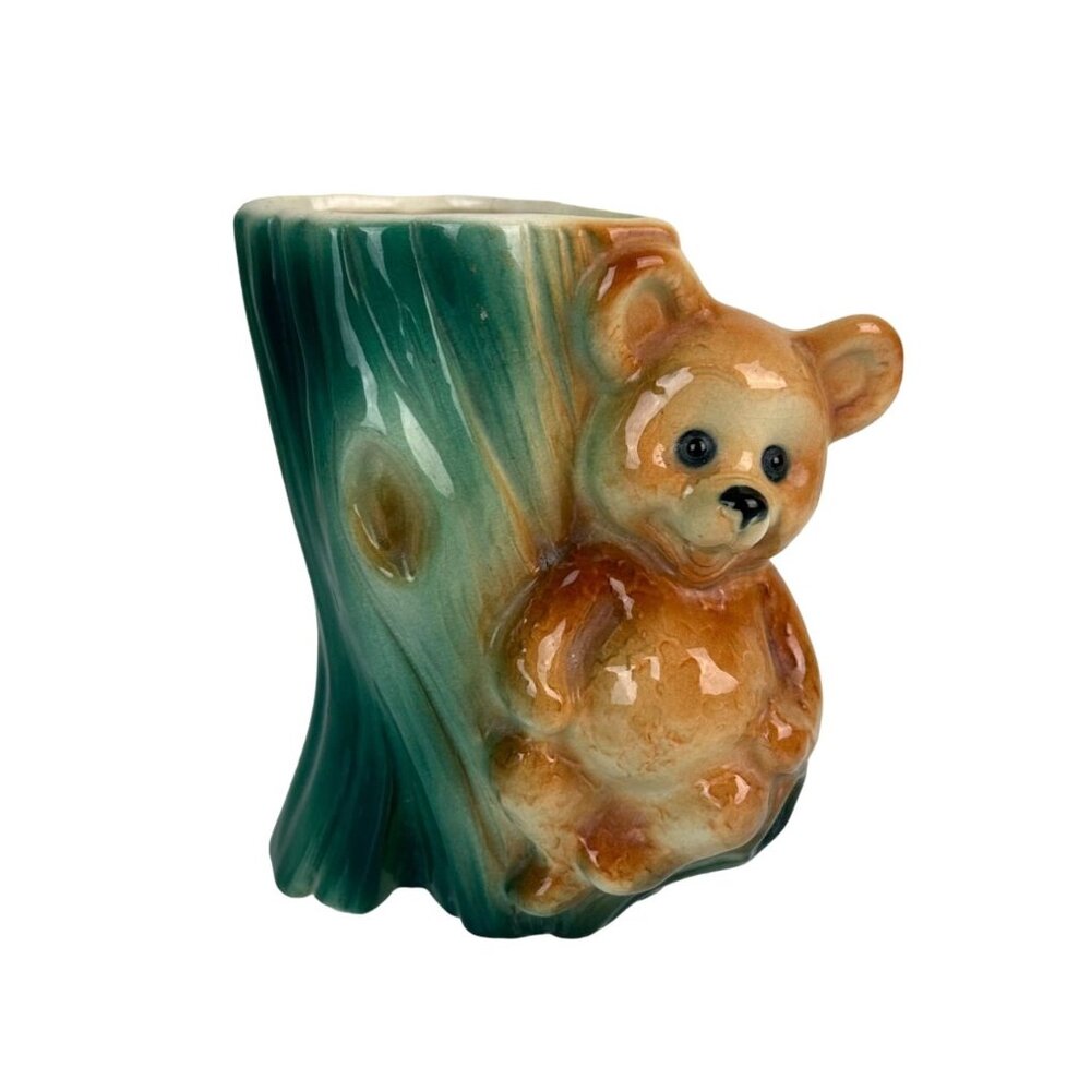 Vintage Royal Copley Bear & Tree Trunk Planter Vase Green Brown Animal Decor